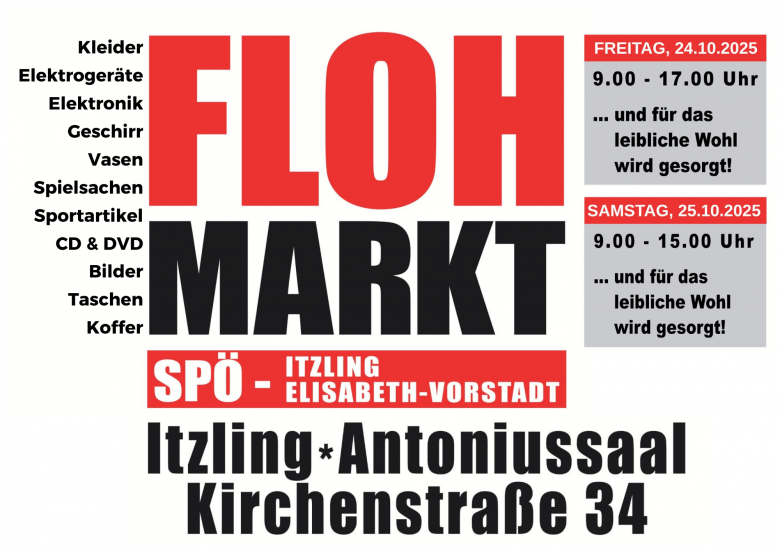 Flohmarkt der SPÖ Itzling und Elisabeth Vorstadt am 24. und 25. Oktober 2025 Flohmarkt der SPÖ Itzling und Elisabeth Vorstadt am 24. und 25. Oktober 2025